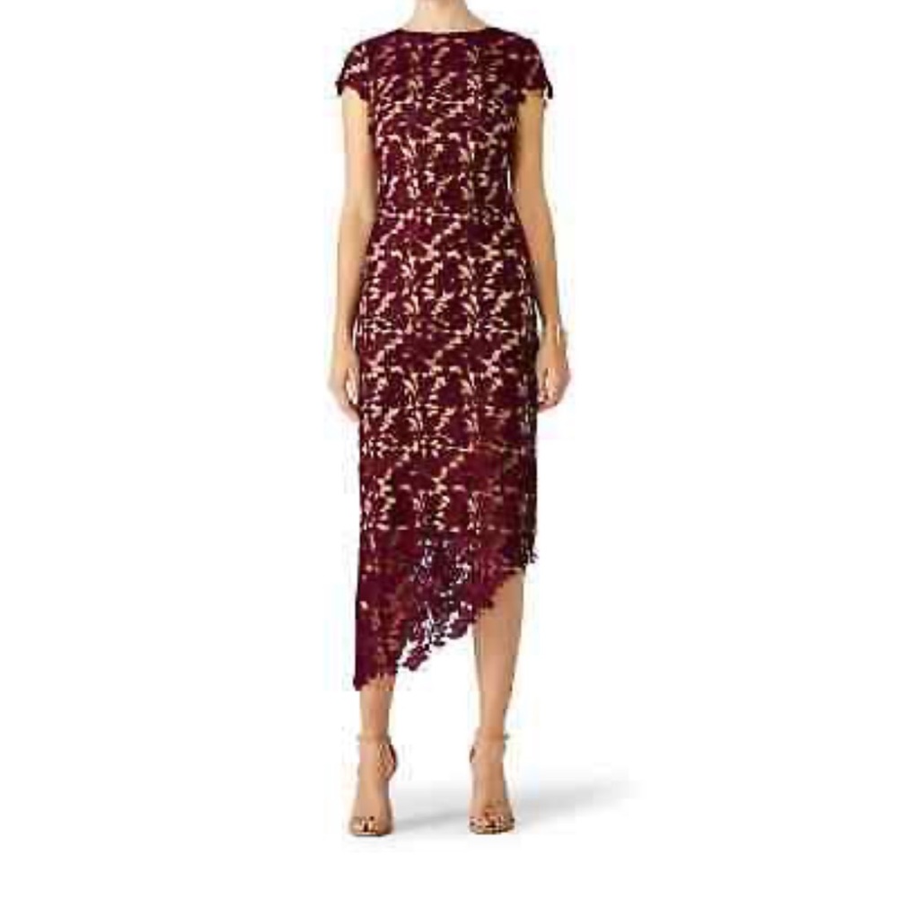 LM Collection burgundy nude lace asymmetric midi dress - size 4.